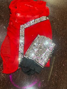 Red Frill Saree With Sequin Lace And Sequin Blouse