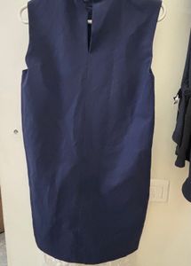 Elegant Navy Blue Turtle Neck Lace Trim Dress