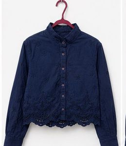 Chic Navy Blue Embroidered Crop Shirt