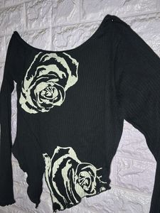 Black Rose Print Long Sleeve Top