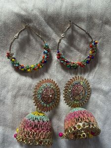 Boho Beaded Hoop Earrings & Jhumka Set