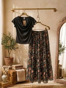Black Cowl Neck Top &amp; Floral Tiered Maxi Skirt