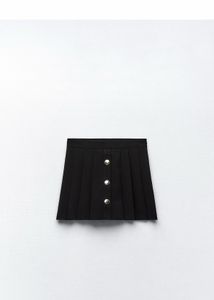 Black Pleated Mini Skirt with Buttons