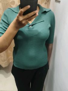 Teal Ribbed Collared Knit Top