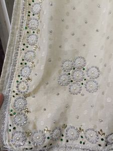 Pretty Yellow Cream Contrast Saree With Stone