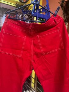 Red High-Waisted Zipper Jeans