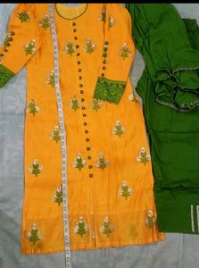 Yellow Kurta Set with Green Pants &amp; Dupatta