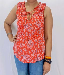 Boho Red Paisley Print Ruffled Tank Top