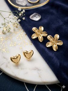 Gold Heart &amp; Flower Earrings Set