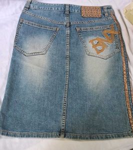 light-wash denim mini/midi skirt