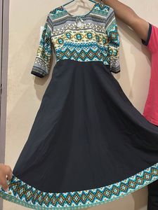 Ethnic Printed Anarkali Dress – Black with Turquoi