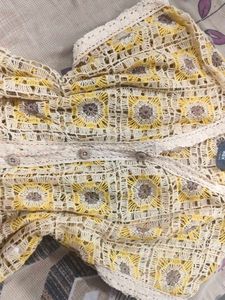 Crocheted Yellow &amp; White Cardigan