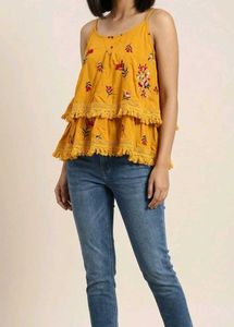 Yellow Floral Kurta Set with Tassels crop top