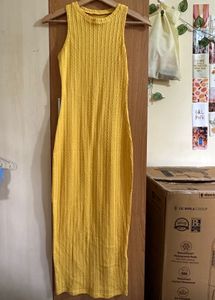 Yellow Ribbed Sleeveless Midi Dress