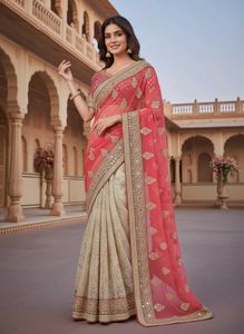 Exquisite Dual-Tone Mirror Work Saree Peach Orange
