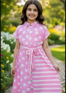 8-10 year Pink Polka Dot & Stripe Dress