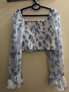Casual Bishop sleeves Floral print women blue top