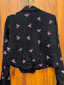 Black Bow Print Button-Up Shirt