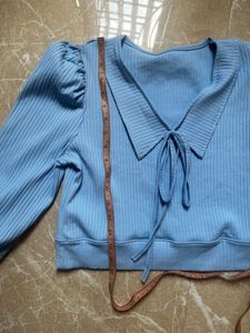 Blue Ribbed V-Neck Tie Top