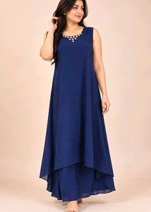 Elegant Navy Blue Gown with Embellished Neckline