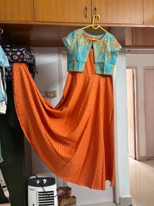 Orange-turquoise Ethnic fusion gown + coat
