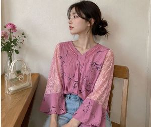 Korean Chic Pink Floral Lace Sleeve Top