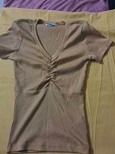 Ribbed Ruched V-Neck Top