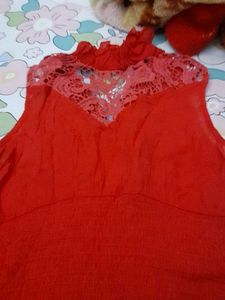 Red Ruffled Neck Sleeveless Top