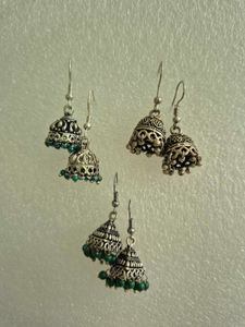 Silver Jhumka Earrings with Green Beads - Unused