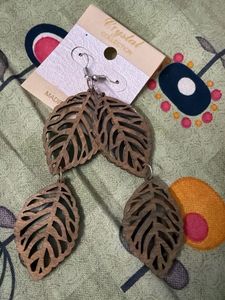 Wooden Owl &amp; Leaf Dangle Earrings