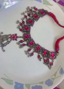 New Oxidized Silver Pink Stone Necklace