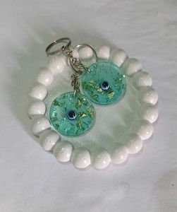 Evil Eye Keychain Blue Green Gold Flakes