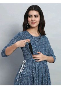 Blue Printed Maternity Nursing Dress