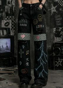 y2k customised printed jeans black charcoal grunge