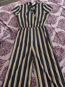 Striped Jumpsuit with Tie Neck