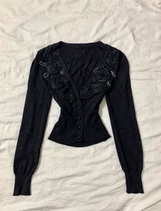Black Cardigan with Rose Embellishments