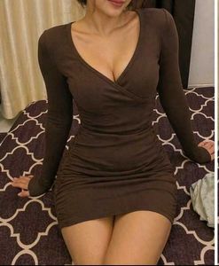 Chic Brown Long Sleeve Ruched Dress