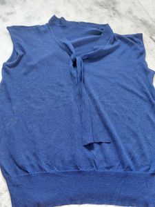 Blue Sleeveless Tie-Neck Top