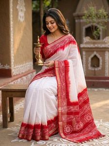 Red &amp; White Hand Block Print Saree