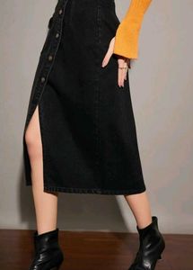 Black Denim Front Slit Midi Skirt