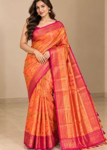 Vibrant Orange Silk Saree with Pink Border
