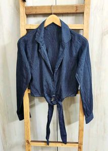 Stylish Blue Tie-Front Crop Shirt Size-32