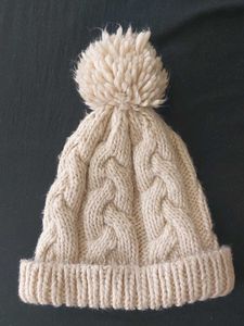 Cream Cable Knit Beanie with Pom
