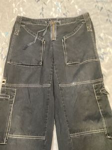 Dark Wash Cargo Pants with Drawstring Waist