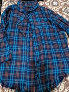 Blue Plaid Frayed Hem Shirt