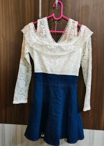 White Lace & Denim Dress