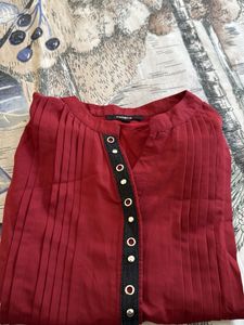 Maroon Pleated Blouse with Button Detail
