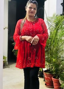 Red Mirror Work Chikankari Kurta