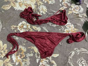 Maroon Satin Bikini Set