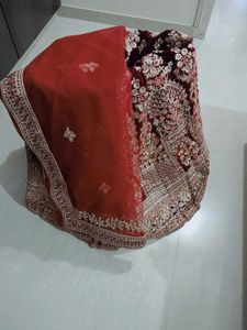Maroon Velvet Embroidered Bridal Lehenga